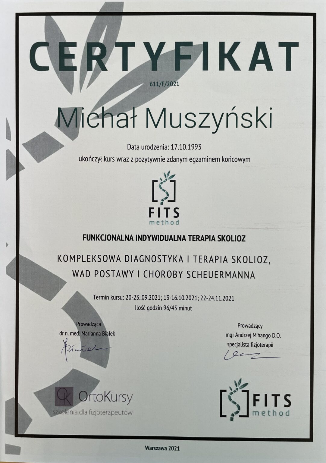 certyfikat-metoda-fits-leczenie-skoliozy-michal-muszynski